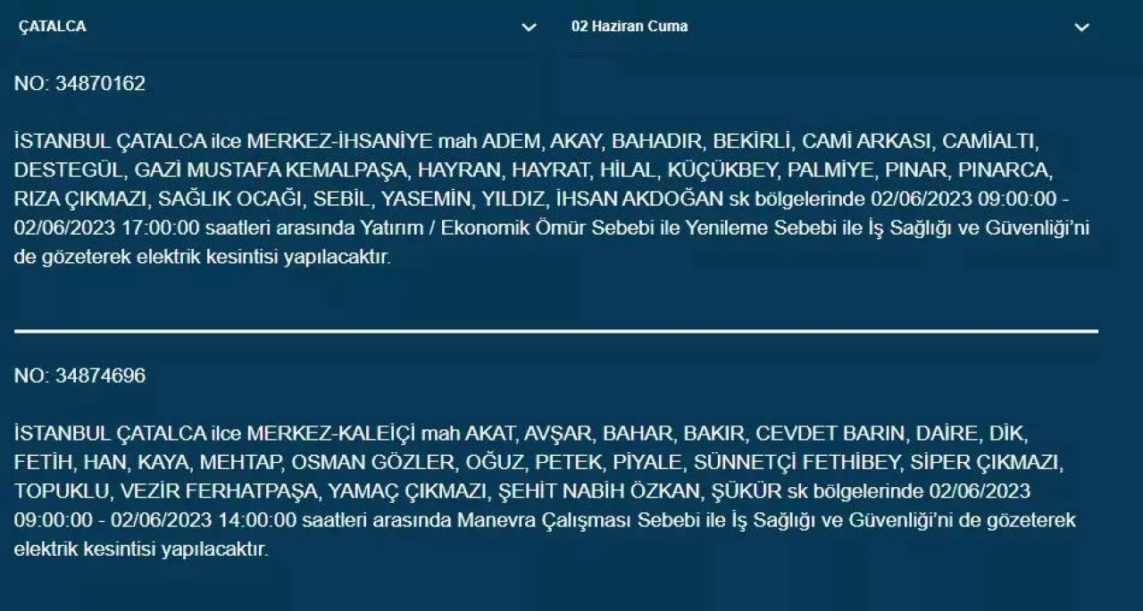 İstanbul'da O İlçelerde Elektrik Kesintisi Var! 02 Haziran 2023 Cuma 14